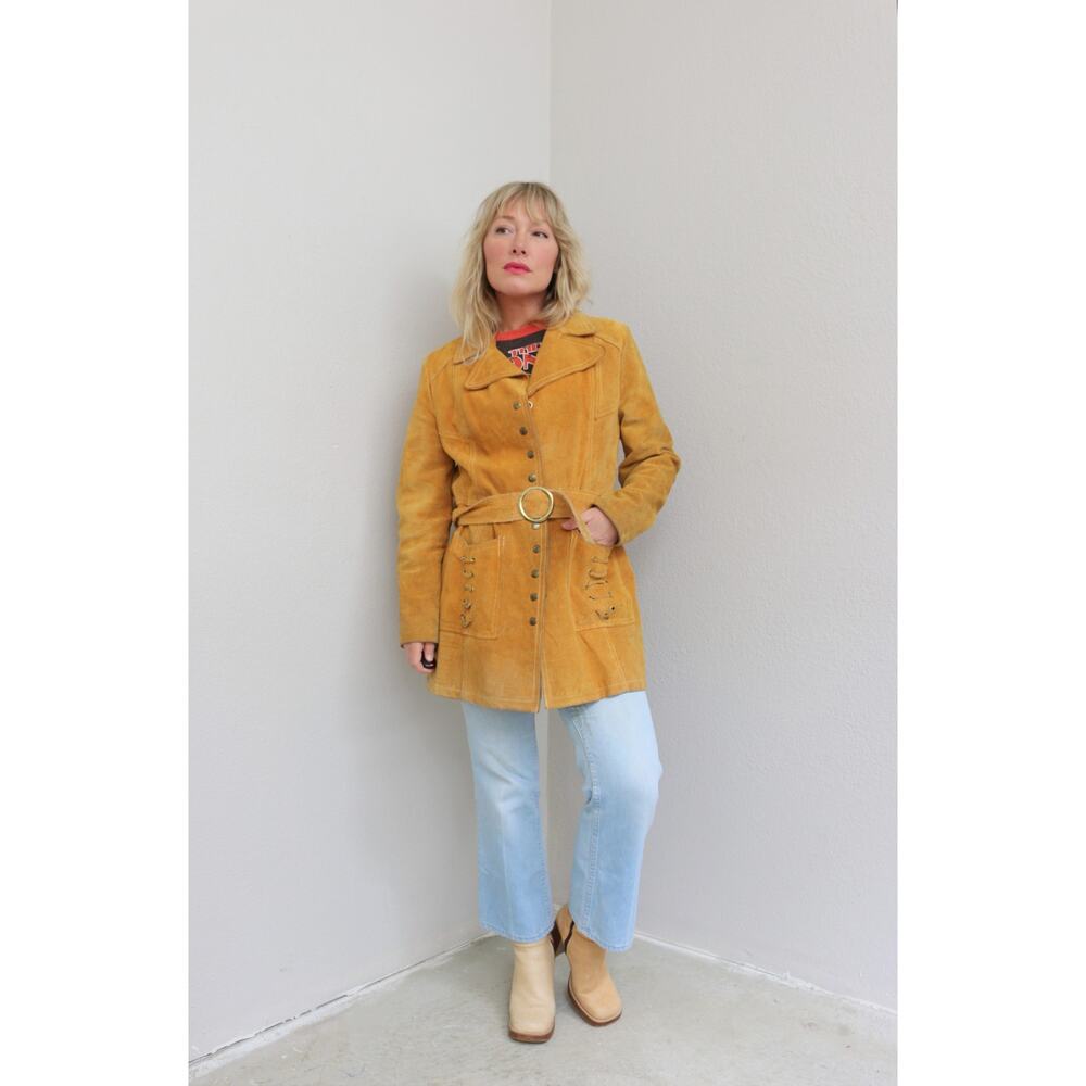 1960's Vintage Rough Mustard Suede Leather Jacket ~ Women's MD LG ~ Men's MD - Picture 9 of 10